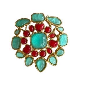 Yosca signed poured glass cabochon ocean blue red pin brooch